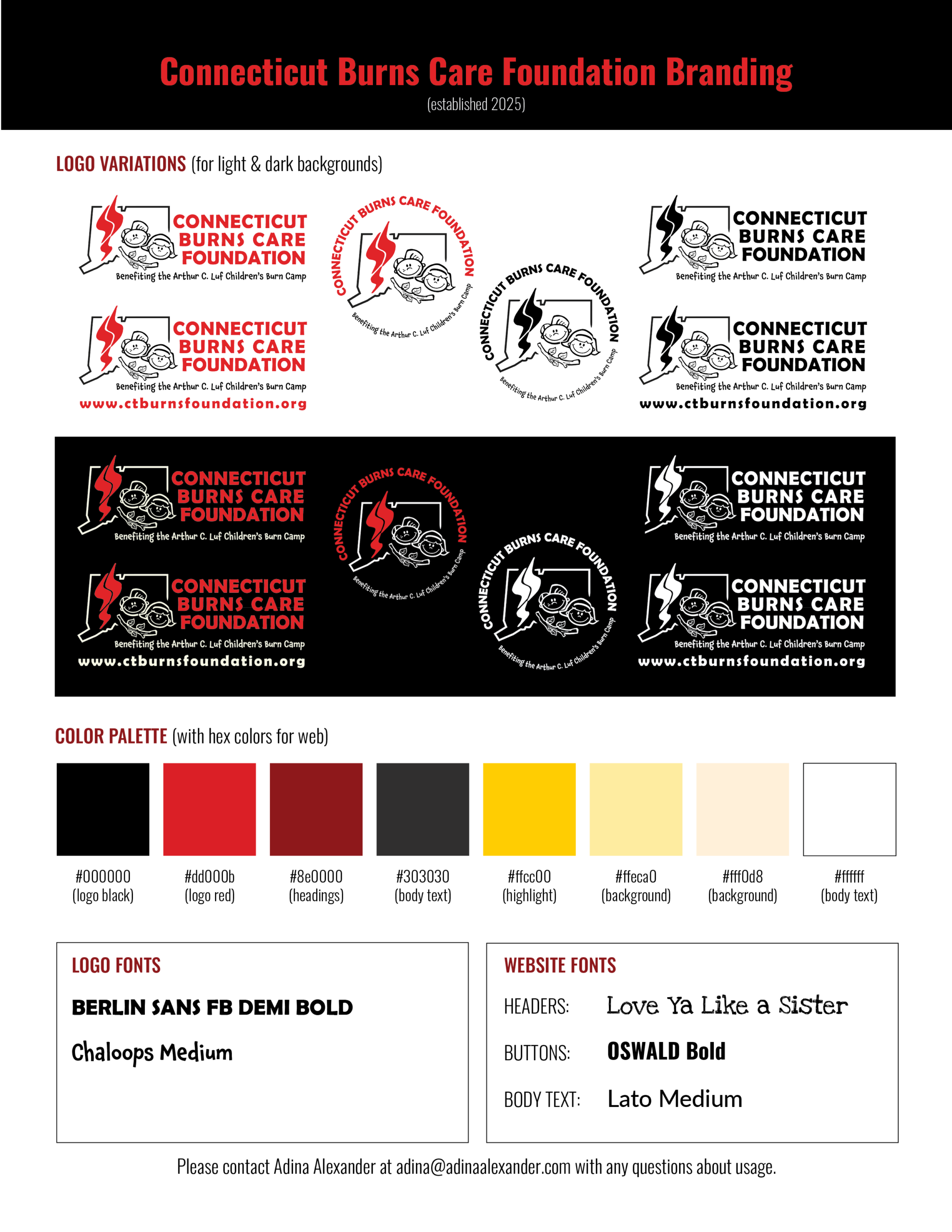 Brand kit for Connecticut Burns Care Foundation with guidelines for logo, font, and color usage.